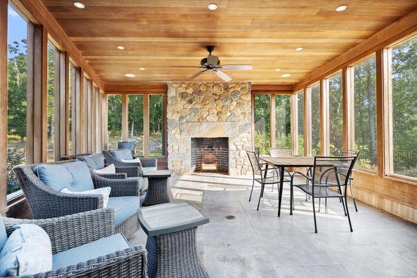 Fireplace, Interior, Recessed Lighting, Stone Walls, Sun Room, Wooden Ceilings