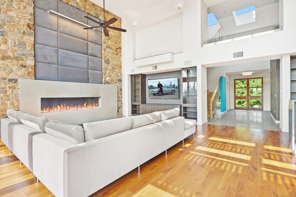 Fireplace, Interior, Living room, Stone Walls, Wood Texture Flooring