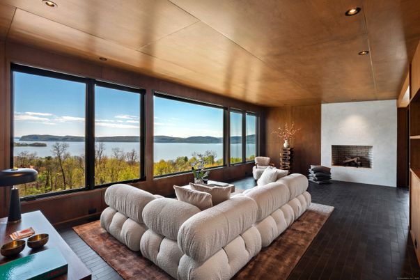 Fireplace, Interior, Living room, Recessed Lighting, Water, Wooden Ceilings, Wood Texture Flooring, Wooden Walls