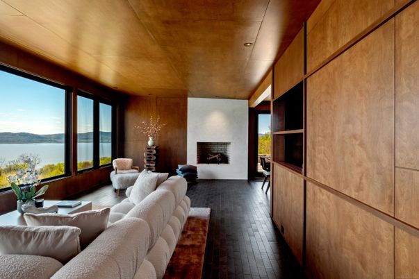 Fireplace, Interior, Living room, Recessed Lighting, Water, Wooden Ceilings, Wood Texture Flooring, Wooden Walls