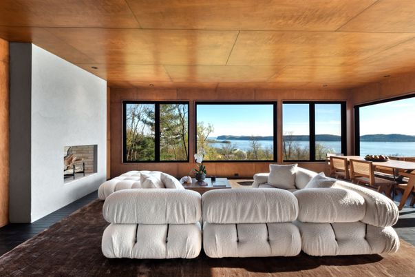 Dining room, Interior, Living room, Recessed Lighting, Water, Wooden Ceilings, Wooden Walls