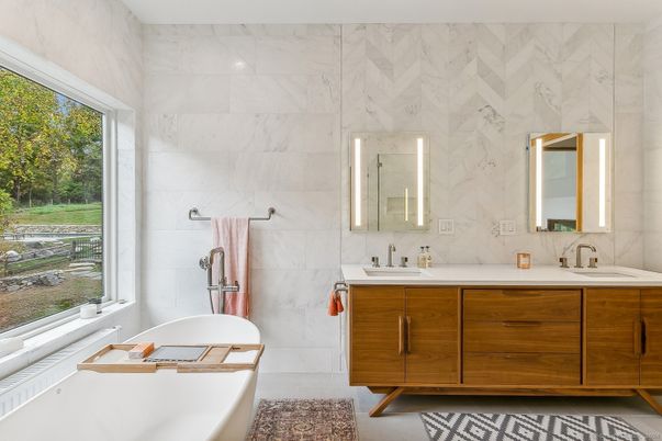 Bathroom, Dual Sink Vanities, Free Standing Baths, Interior, Marble Walls