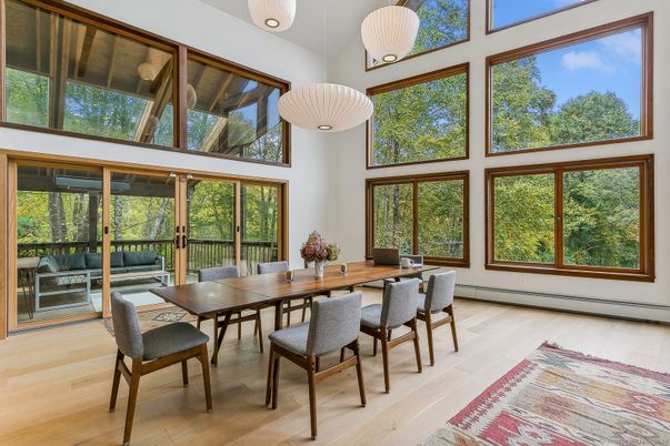 Dining room, Interior, Pendant Lights, Wood Texture Flooring