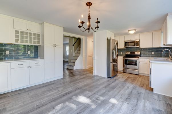 Chandelier, Interior, Kitchen, Stainless Steel Appliances, Wood Texture Flooring