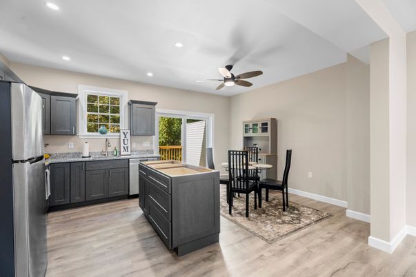 Dining room, Interior, Kitchen, Recessed Lighting, Wood Texture Flooring