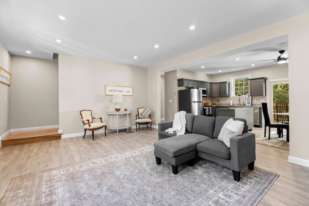 Interior, Kitchen, Living room, Recessed Lighting, Stainless Steel Appliances, Wood Texture Flooring