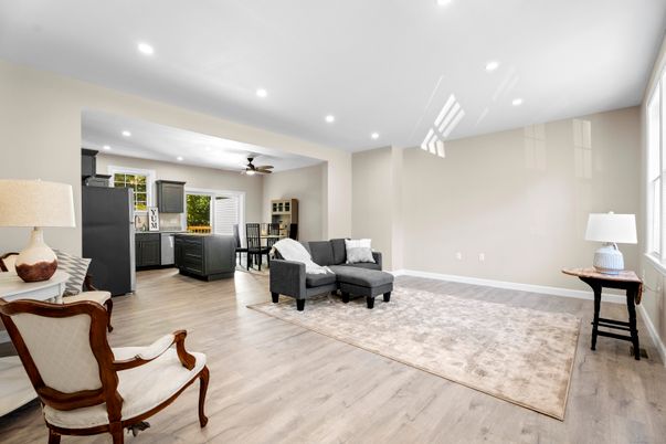 Interior, Kitchen, Living room, Recessed Lighting, Wood Texture Flooring
