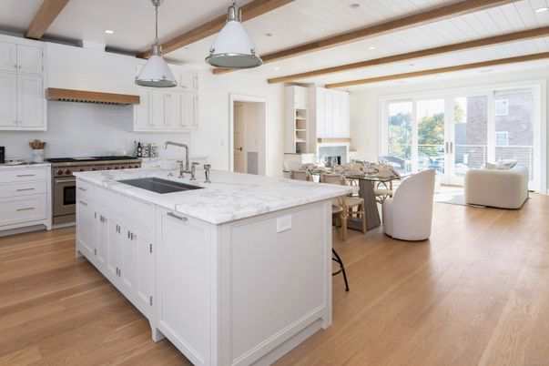 Dining room, Interior, Kitchen, Pendant Lights, Recessed Lighting, Stainless Steel Appliances, Wooden Beams, Wood Texture Flooring