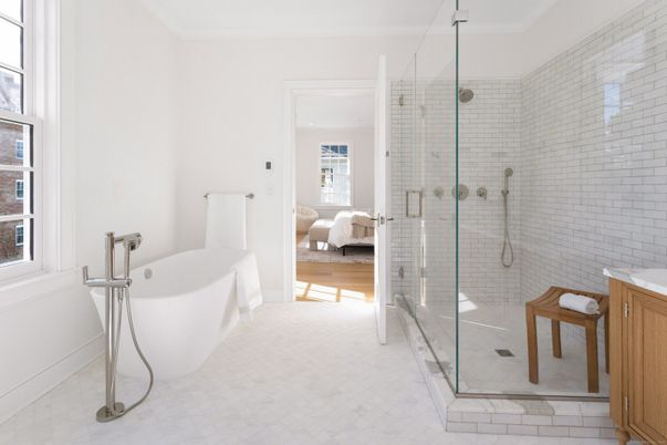 Bathroom, Bedroom, Free Standing Baths, Glass Shower, Interior, Stone Walls, Wood Texture Flooring