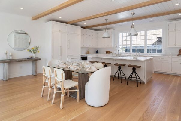 Interior, Kitchen, Pendant Lights, Recessed Lighting, Wooden Beams, Wood Texture Flooring