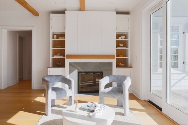 Fireplace, Interior, Recessed Lighting, Wooden Beams, Wood Texture Flooring
