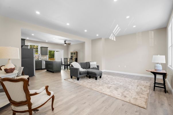 Interior, Kitchen, Living room, Recessed Lighting, Wood Texture Flooring