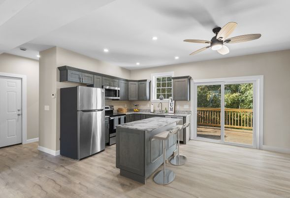 Interior, Kitchen, Recessed Lighting, Stainless Steel Appliances, Wood Texture Flooring