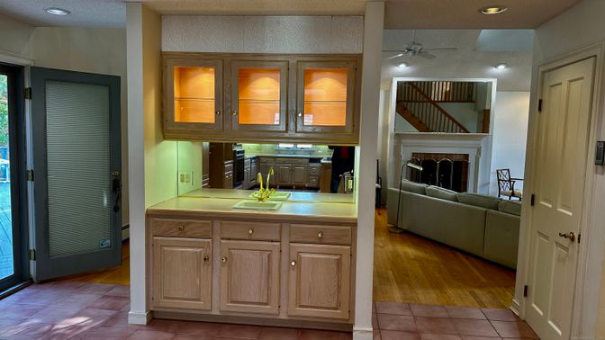 Fireplace, Interior, Kitchen, Recessed Lighting, Wood Texture Flooring