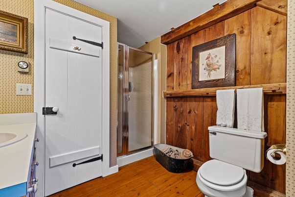 Bathroom, Glass Shower, Interior, Wood Texture Flooring, Wooden Walls
