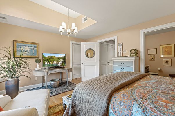 Bedroom, Chandelier, Interior, Wood Texture Flooring