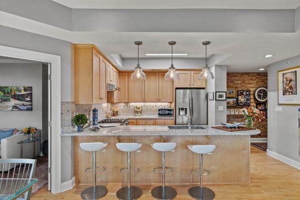 Interior, Kitchen, Pendant Lights, Recessed Lighting, Stainless Steel Appliances, Stone Walls, Wood Texture Flooring