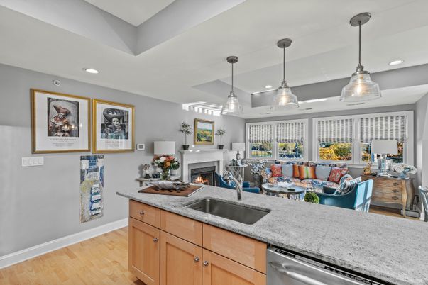 Fireplace, Interior, Kitchen, Living room, Pendant Lights, Recessed Lighting, Wood Texture Flooring