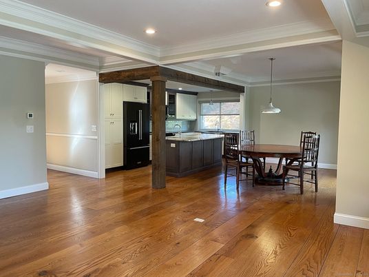 Dining room, Interior, Kitchen, Pendant Lights, Recessed Lighting, Wood Texture Flooring