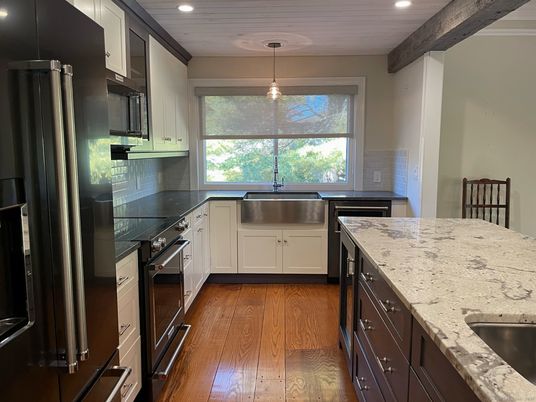 Interior, Kitchen, Pendant Lights, Recessed Lighting, Stainless Steel Appliances, Wooden Ceilings, Wood Texture Flooring