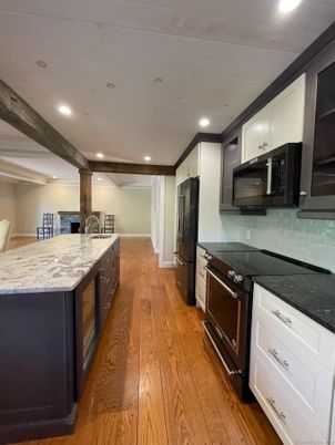 Interior, Kitchen, Recessed Lighting, Stainless Steel Appliances, Wooden Beams, Wood Texture Flooring