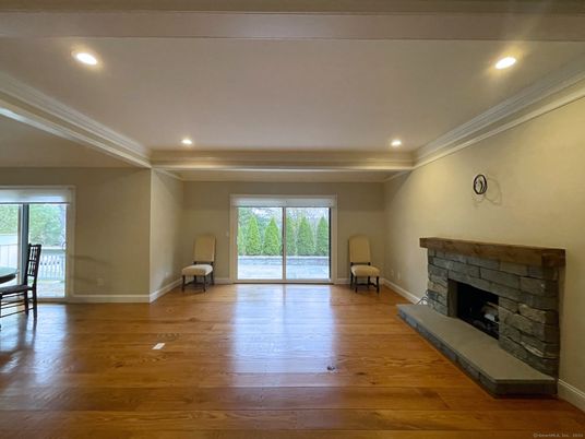 Empty room, Fireplace, Interior, Recessed Lighting, Wood Texture Flooring