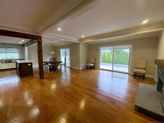 Dining room, Fireplace, Interior, Kitchen, Pendant Lights, Recessed Lighting, Wood Texture Flooring