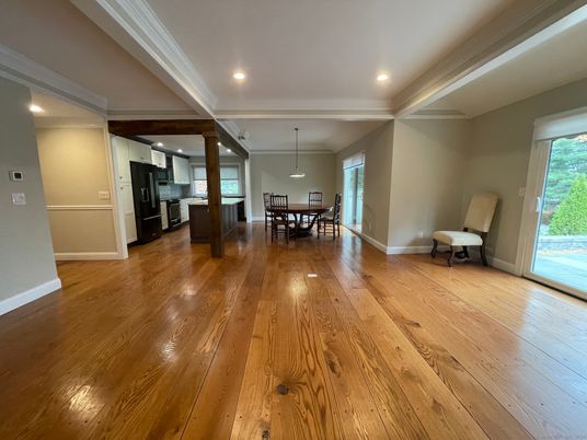 Dining room, Interior, Kitchen, Pendant Lights, Recessed Lighting, Wood Texture Flooring