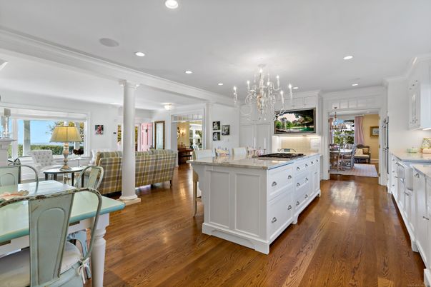 Chandelier, Dining room, Interior, Kitchen, Living room, Pendant Lights, Recessed Lighting, Wood Texture Flooring