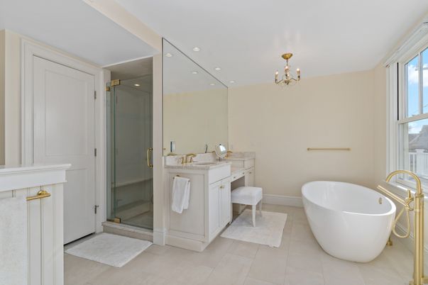 Bathroom, Chandelier, Dual Sink Vanities, Free Standing Baths, Glass Shower, Interior, Recessed Lighting