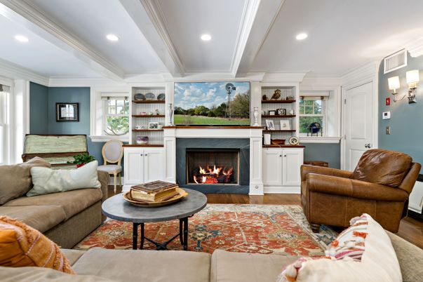 Fireplace, Interior, Living room, Recessed Lighting, Wood Texture Flooring
