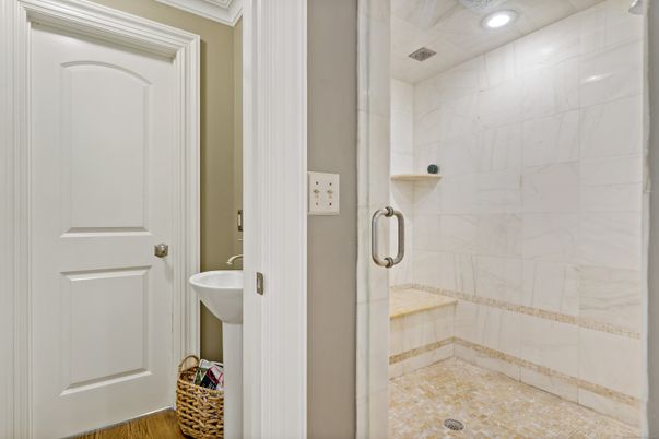 Bathroom, Glass Shower, Interior, Marble Walls, Recessed Lighting