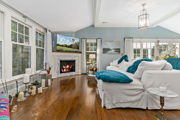 Fireplace, Interior, Living room, Pendant Lights, Wood Texture Flooring
