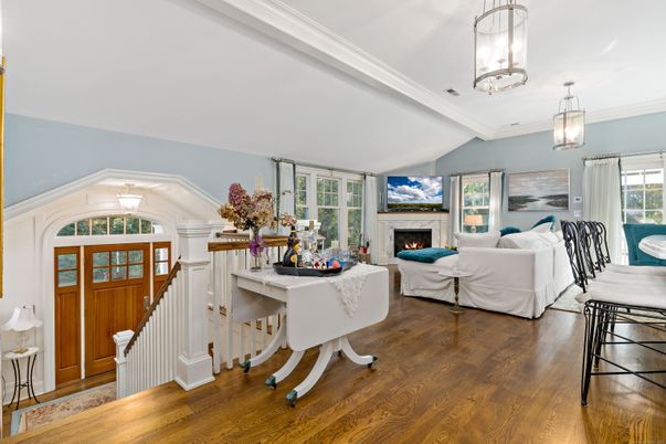 Fireplace, Interior, Living room, Pendant Lights, Wood Texture Flooring