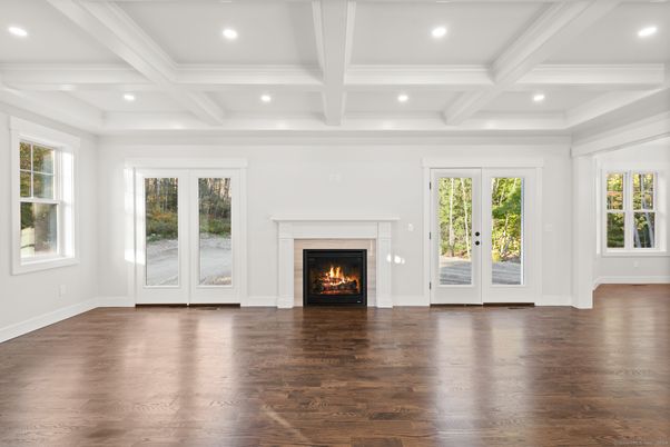 Empty room, Fireplace, Interior, Recessed Lighting, Wood Texture Flooring