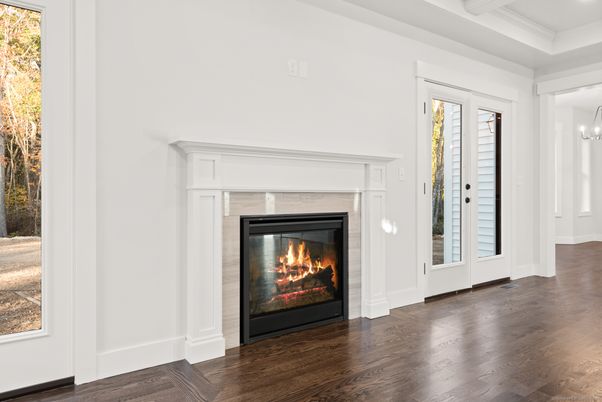 Empty room, Fireplace, Interior, Pendant Lights, Recessed Lighting, Wood Texture Flooring
