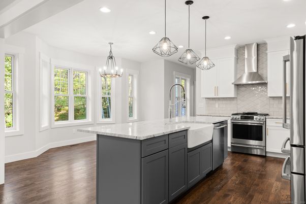 Chandelier, Interior, Kitchen, Pendant Lights, Recessed Lighting, Stainless Steel Appliances, Wood Texture Flooring