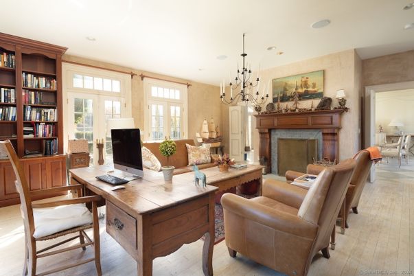Chandelier, Fireplace, Home Office, Interior, Living room, Pendant Lights, Recessed Lighting, Wood Texture Flooring