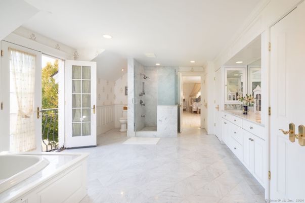 Bathroom, Glass Shower, Interior, Marble, Marble Walls, Recessed Lighting