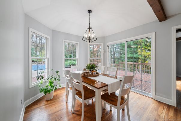 Dining room, Interior, Pendant Lights, Wooden Beams, Wood Texture Flooring