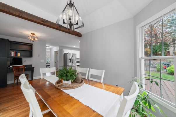Dining room, Interior, Pendant Lights, Recessed Lighting, Wooden Beams, Wood Texture Flooring