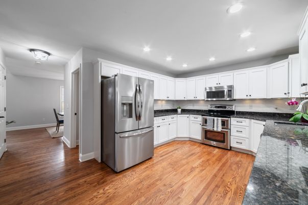 Interior, Kitchen, Recessed Lighting, Stainless Steel Appliances, Wood Texture Flooring