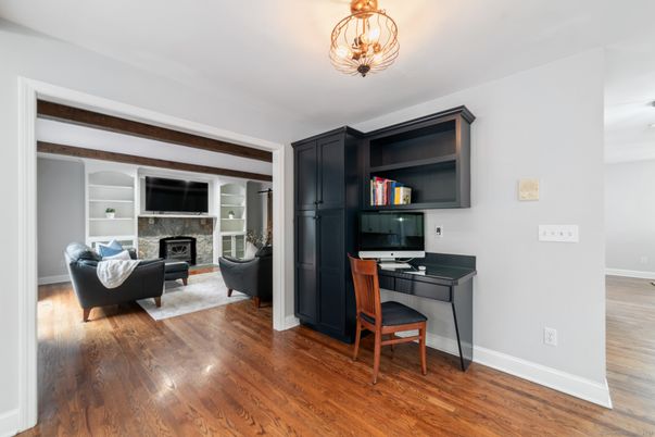 Fireplace, Home Office, Interior, Wood Texture Flooring