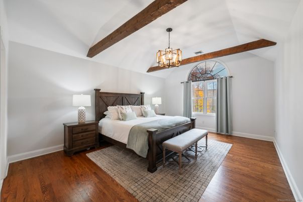 Bedroom, Chandelier, Interior, Pendant Lights, Wooden Beams, Wood Texture Flooring