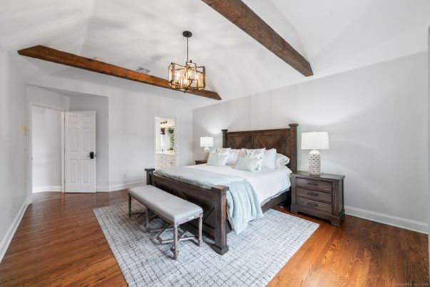 Bedroom, Interior, Pendant Lights, Wooden Beams, Wood Texture Flooring