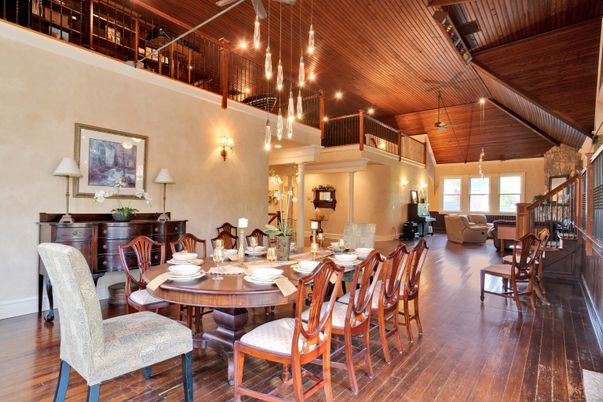Dining room, Interior, Pendant Lights, Wooden Beams, Wooden Ceilings, Wood Texture Flooring