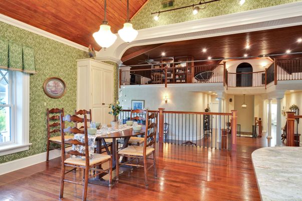 Dining room, Interior, Pendant Lights, Recessed Lighting, Wood Texture Flooring