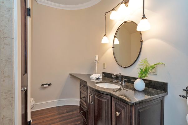 Bathroom, Interior, Pendant Lights, Wood Texture Flooring