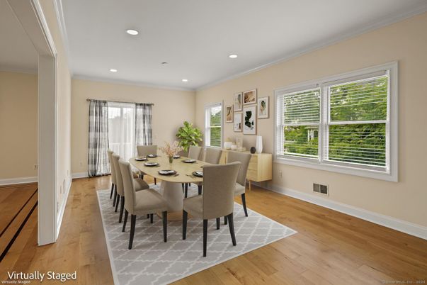 Dining room, Interior, Recessed Lighting, Wood Texture Flooring