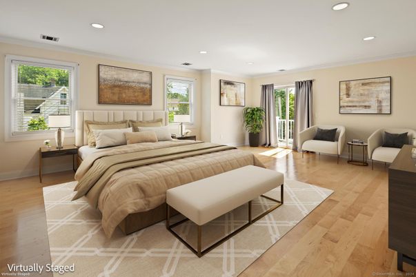 Bedroom, Interior, Recessed Lighting, Wood Texture Flooring